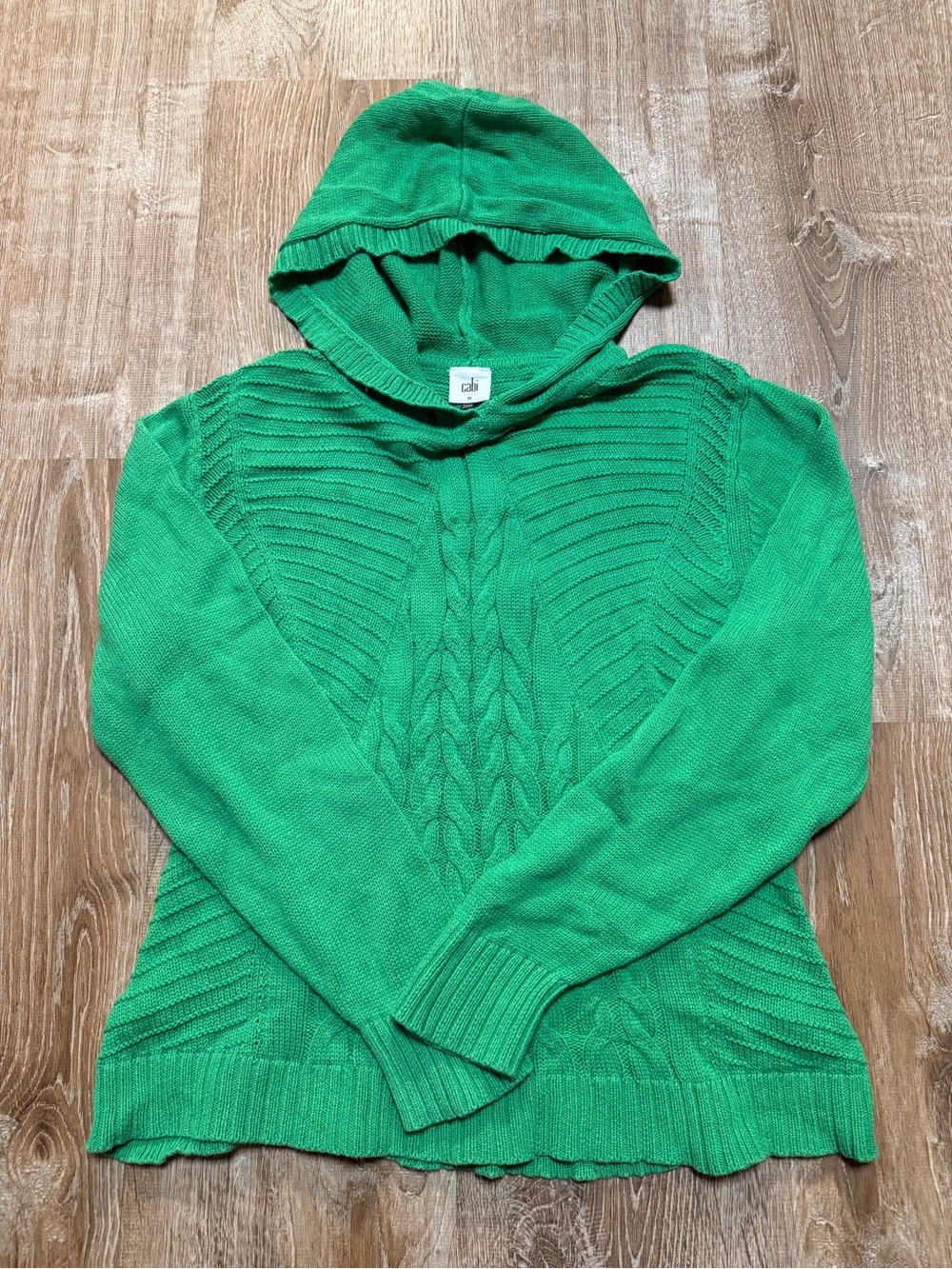CAbi Laid Back Hoodie #6177 Green Cable Knit 100% Cotton Sweater Medium